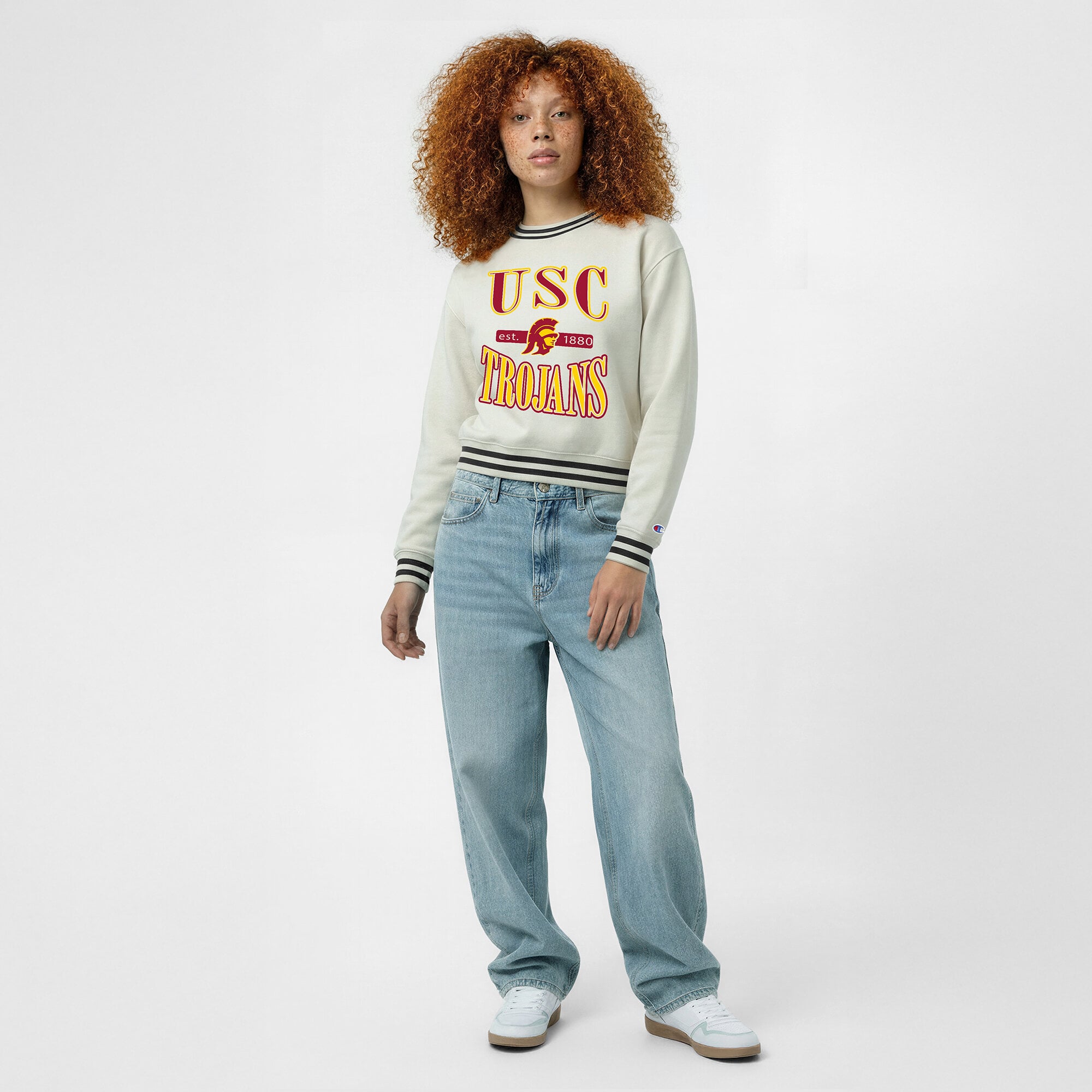 Women's Champion  White USC Trojans Yarn Dye Rib Reverse Weave Crew Sweatshirt
